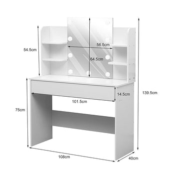 White vanity desk with lighted mirror shown with labeled measurements