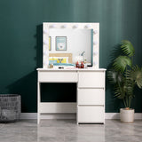 White dressing table with lighted mirror, open cabinet section and drawer storage