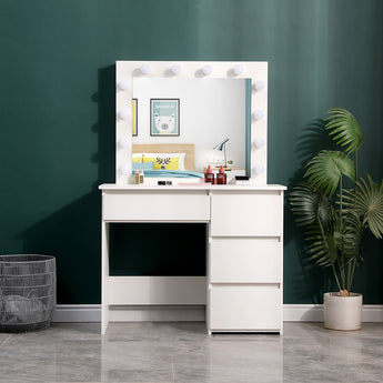 White dressing table with lighted mirror, open cabinet section and drawer storage