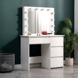 White dressing table with illuminated lighted mirror, lower cabinets and drawers