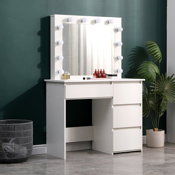 White dressing table with illuminated lighted mirror, lower cabinets and drawers