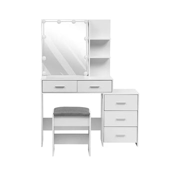 White dressing table set with lighted mirror, two drawers, side cabinet, and stool