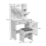 Dimension diagram of dressing table with lighted mirror and cushioned stool, in cm