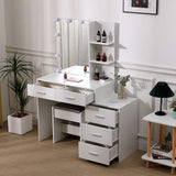 White dressing table set with lighted mirror, side shelves, drawers and cushioned stool