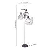Black 3-head floor lamp with wire shades, base, and height measurements