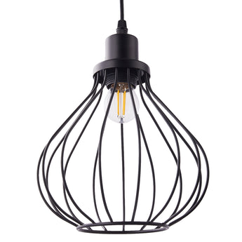 Black wire globe pendant shade with visible Edison-style bulb