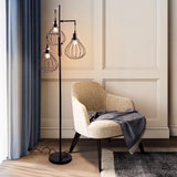 Black 3-head floor lamp with three hanging wire globe shades