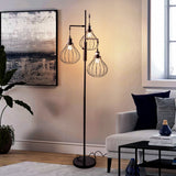 Black 3-head floor lamp with wire cage shades and vertical metal pole