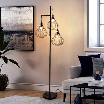 Black 3-head floor lamp with wire cage shades and vertical metal pole
