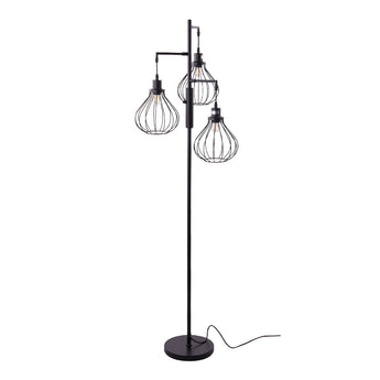 Black industrial 3-light floor lamp with wire cage shades and slender pole base