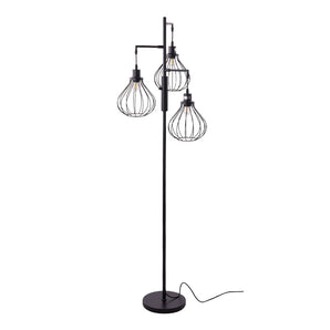 Black industrial 3-light floor lamp with wire cage shades and slender pole base