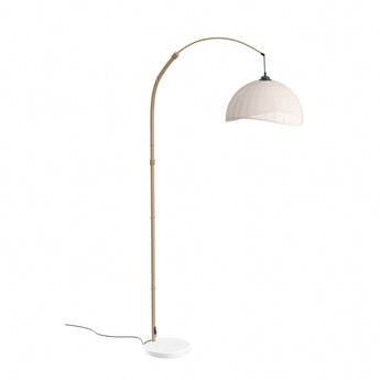 Floor lamp profile on white: arched bronze pole with cream fabric shade