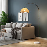 Fabric floor lamp with cream dome shade and arched bronze pole