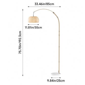 Floor lamp dimensions: 192.2 cm tall; 33.46 in wide; bamboo shade and marble base