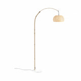 Arched floor lamp with woven bamboo shade and round white marble base
