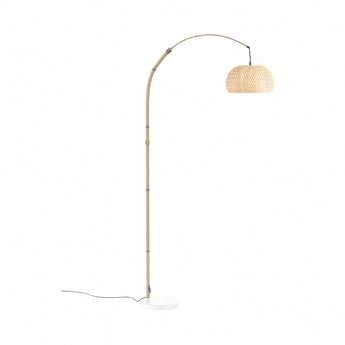 Arched floor lamp with woven bamboo shade and round white marble base