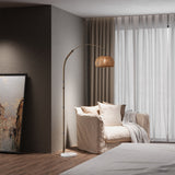 Vintage arched floor lamp with woven bamboo lampshade and marble base