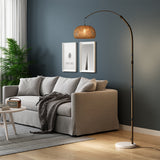 Arched floor lamp with bamboo lampshade, marble base, and slim metal pole