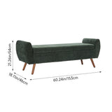Green chenille storage bench with rounded armrests and wooden legs, closed top