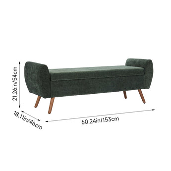 Green chenille storage bench with rounded armrests and wooden legs, closed top