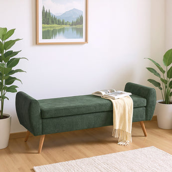 Green chenille storage bench with wide armrests and smooth upholstered seat