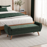 Green chenille storage bench with padded tufted top and tapered wooden legs