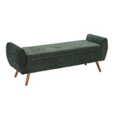 Dark green chenille storage bench with hinged top and tapered wooden legs