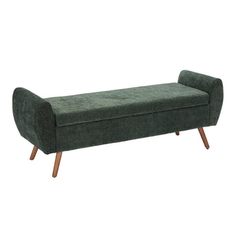 Dark green chenille storage bench with hinged top and tapered wooden legs