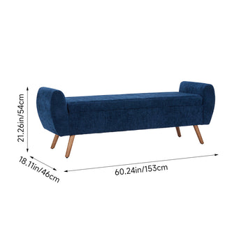 Blue chenille storage bench with rounded arms and wooden legs, closed top