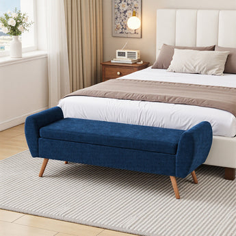 Blue chenille storage bench with tufted padded top and wooden legs
