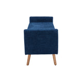 Blue chenille storage bench with open back panel and short wooden legs