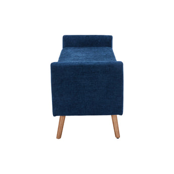 Blue chenille storage bench with open back panel and short wooden legs