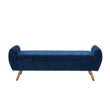 Blue chenille storage bench with rounded armrests and short wooden feet