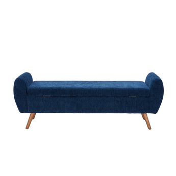 Blue chenille storage bench with rounded armrests and short wooden feet