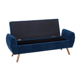 Blue chenille storage bench with hinged lid open for hidden storage