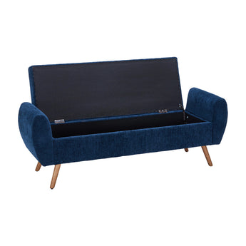 Blue chenille storage bench with hinged lid open for hidden storage