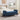 Blue chenille upholstered storage bench with tufted arms and black legs