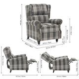 Recliner chair with labeled measurements, showing reclined seat and footrest