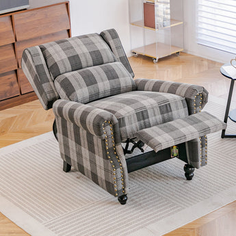Adjustable recliner chair with gray plaid linen upholstery, nailhead trim and padded arms