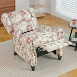 Floral recliner chair with curved arms, cream-and-red rose upholstery, dark wooden legs