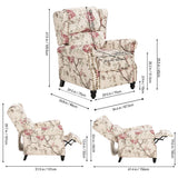 Floral recliner chair dimensions diagram, cream fabric with red rose print and wooden legs