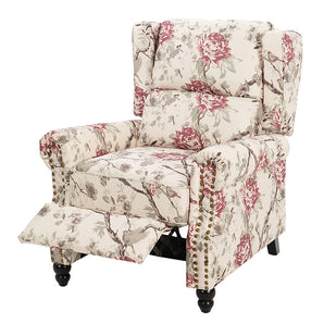 Floral pushback recliner chair, cream upholstery with red rose print, studded arm accents