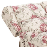 Floral recliner chair arm and backrest close-up, cream fabric with red rose pattern