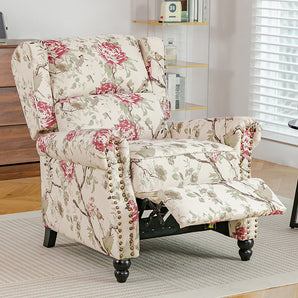 Floral recliner chair with cream fabric, red rose pattern, button trim, wooden legs
