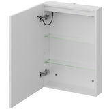 Open white bathroom mirror cabinet interior with two shelves and hinge hardware
