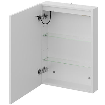 Open white bathroom mirror cabinet interior with two shelves and hinge hardware