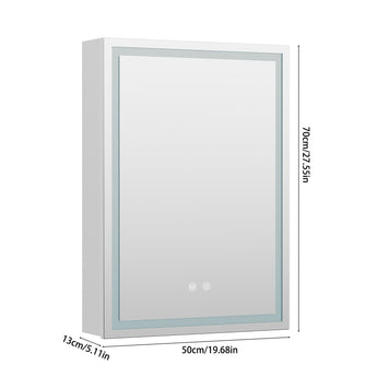 LED mirrored cabinet dimensions 50cm W x 70cm H, single-door with white frame