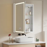 LED mirror cabinet with one door open, showing white interior shelves and compartments