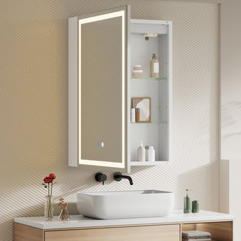LED mirror cabinet with one door open, showing white interior shelves and compartments