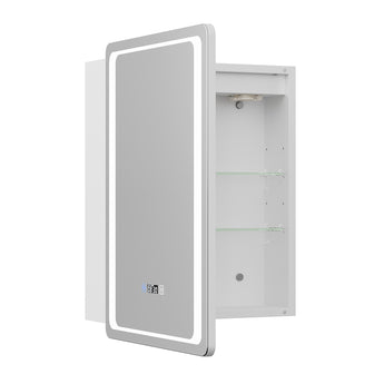 LED mirror cabinet door open, showing shelves and digital display on the mirror